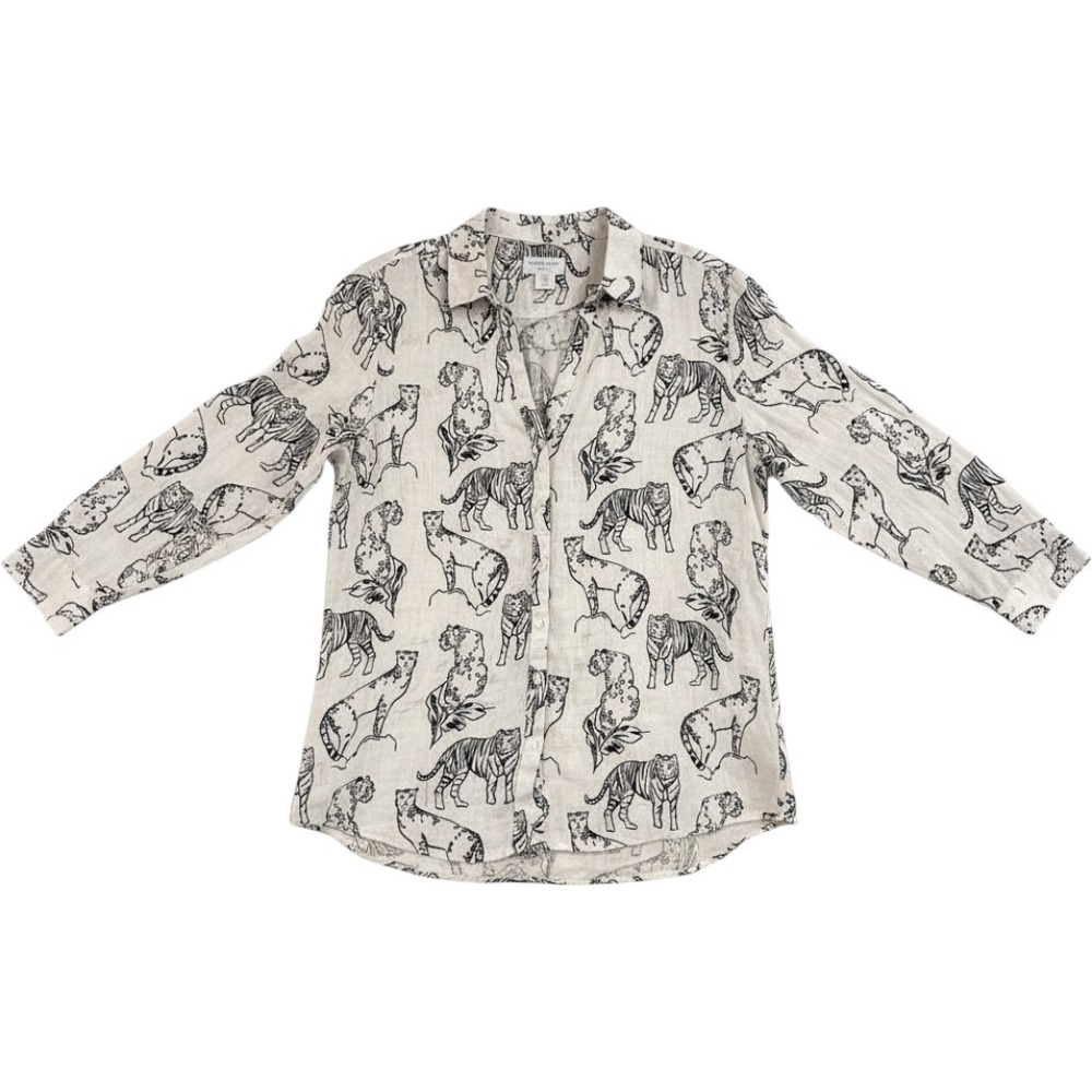 Cynthia Rowley Linen Button Down Women XL White Tiger Leopard Print Safari Shirt